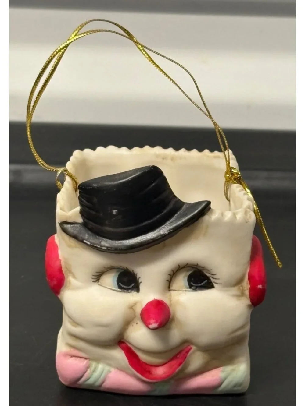 Vintage Bisque porcelain Snowman Christmas Paper Bag Gift Holder Ring Treat Box